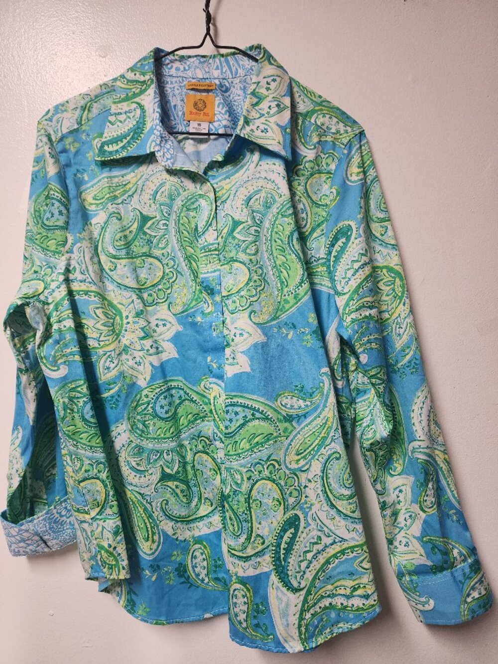 ruby Rd. cotton blue green paisley print long sleeve shirt 16 Career Work Casual